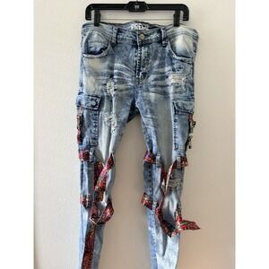 DISTRESSED PREME RED/BLUE PAISLEY  INDIGO  JEANS  34" X 33